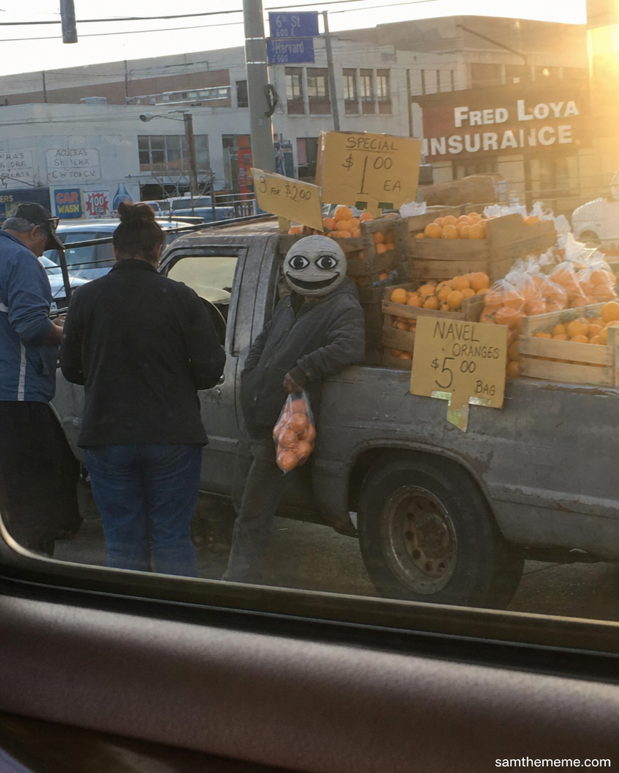 saw him out there. he has oranges.